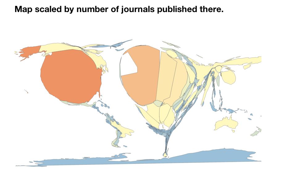 Map scaled by journal no. of articles published there